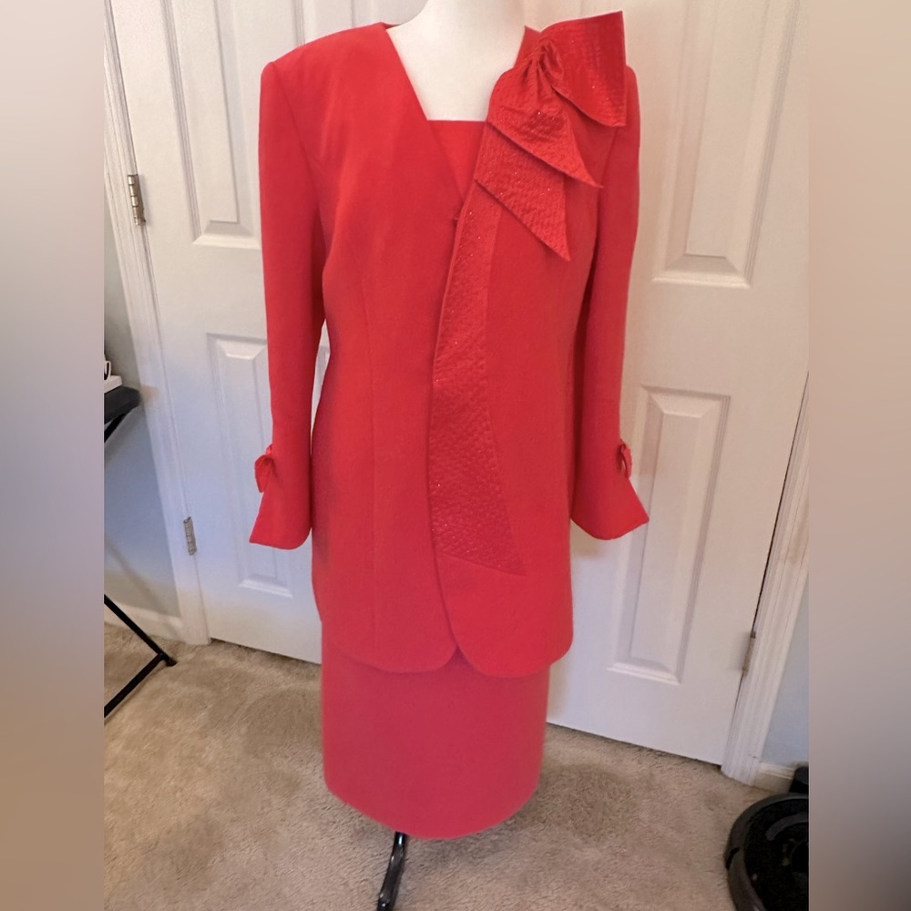 Milano Coral Suit Dress with modesty piece, Beading on Jacket and Handbag